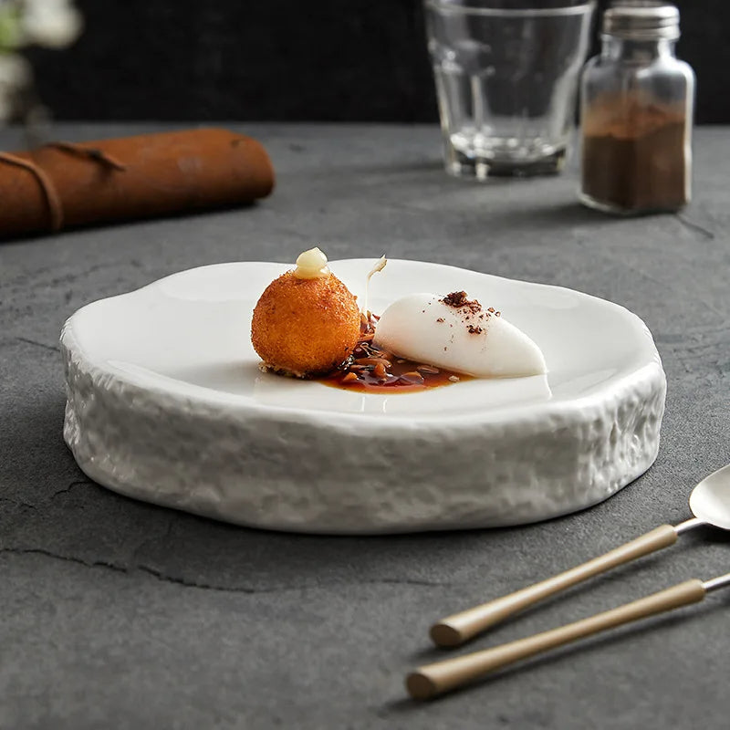 Textured White Ceramic Dinner Plate - Rustic Modern Tableware