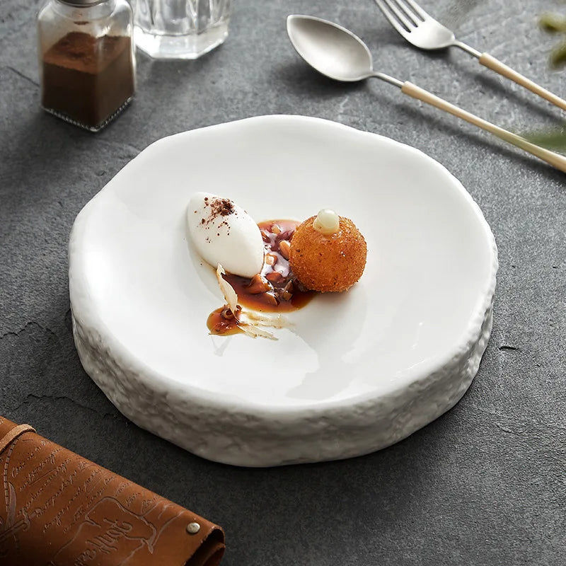 Textured White Ceramic Dinner Plate - Rustic Modern Tableware