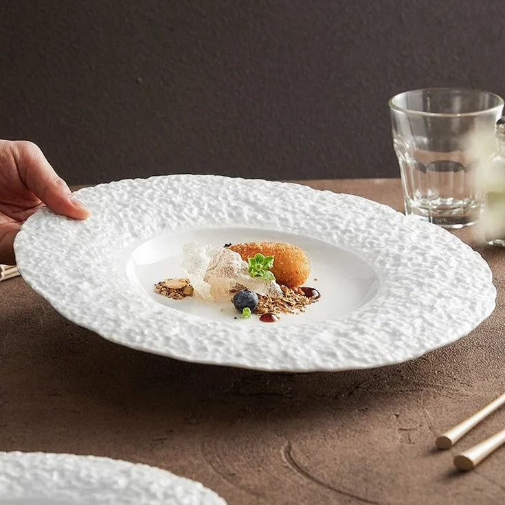 Textured White Ceramic Dinner Plate