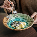 Turquoise Glaze Ceramic Bowl with Rustic Rim