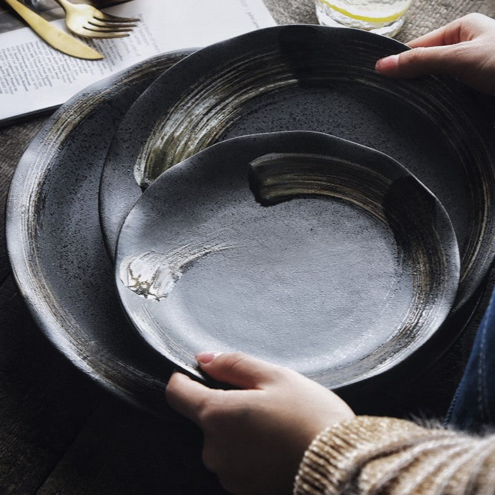 Vintage Black Ceramic Plate with Curvy Edges