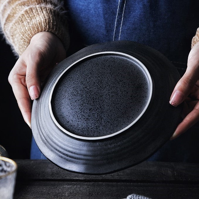 Vintage Black Ceramic Plate with Curvy Edges