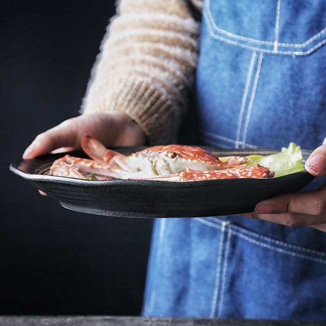 Vintage Black Ceramic Plate with Curvy Edges