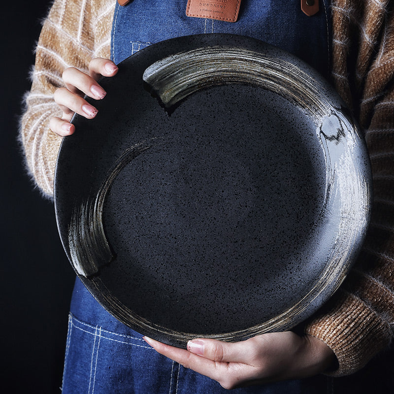 Vintage Black Ceramic Plate with Curvy Edges