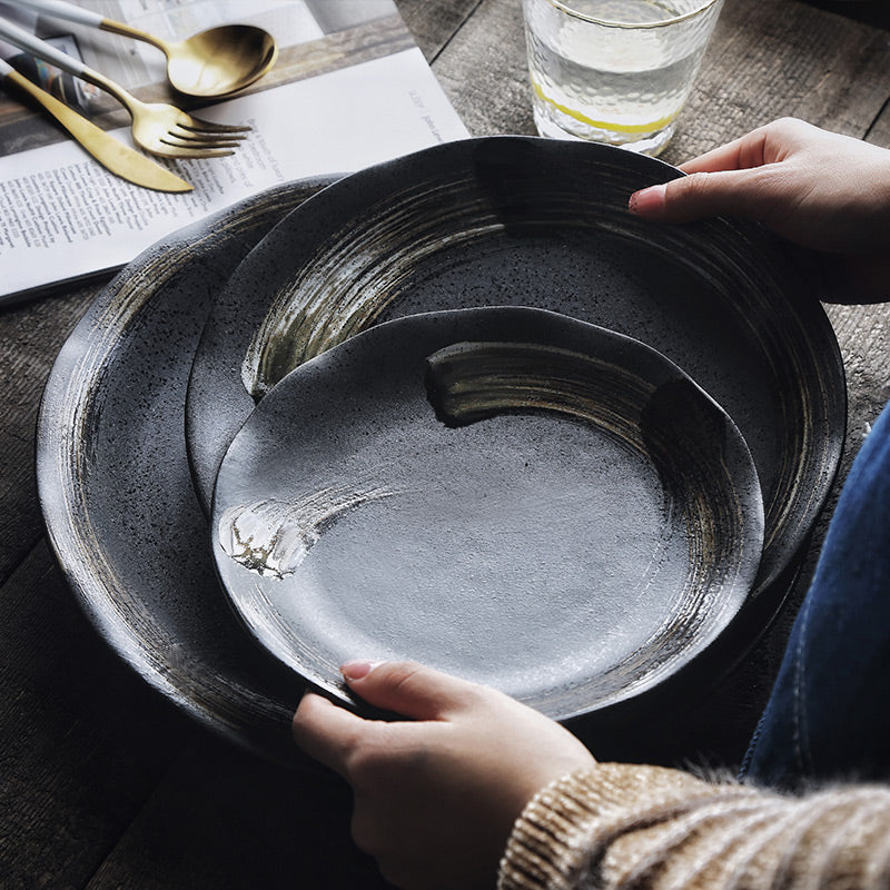 Vintage Black Ceramic Plate with Curvy Edges