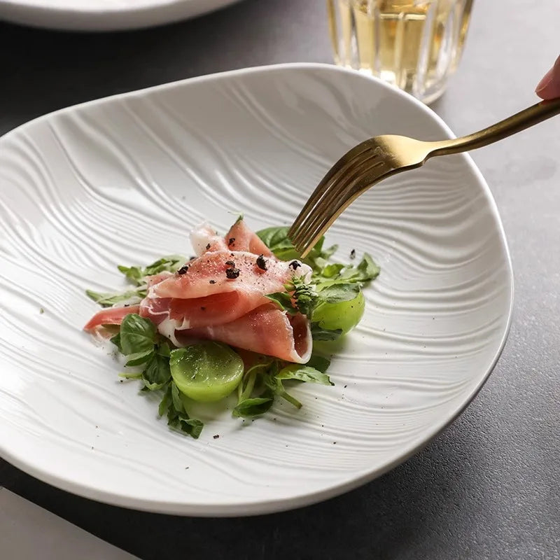 Wave Embossed Ivory Ceramic Plate