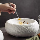 White Geometric Textured Ceramic Bowl, Round, for Soups and Pasta
