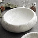 White Geometric Textured Ceramic Bowl, Round, for Soups and Pasta