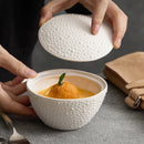 White Round Dotted Textured Ceramic Bowl with Lid
