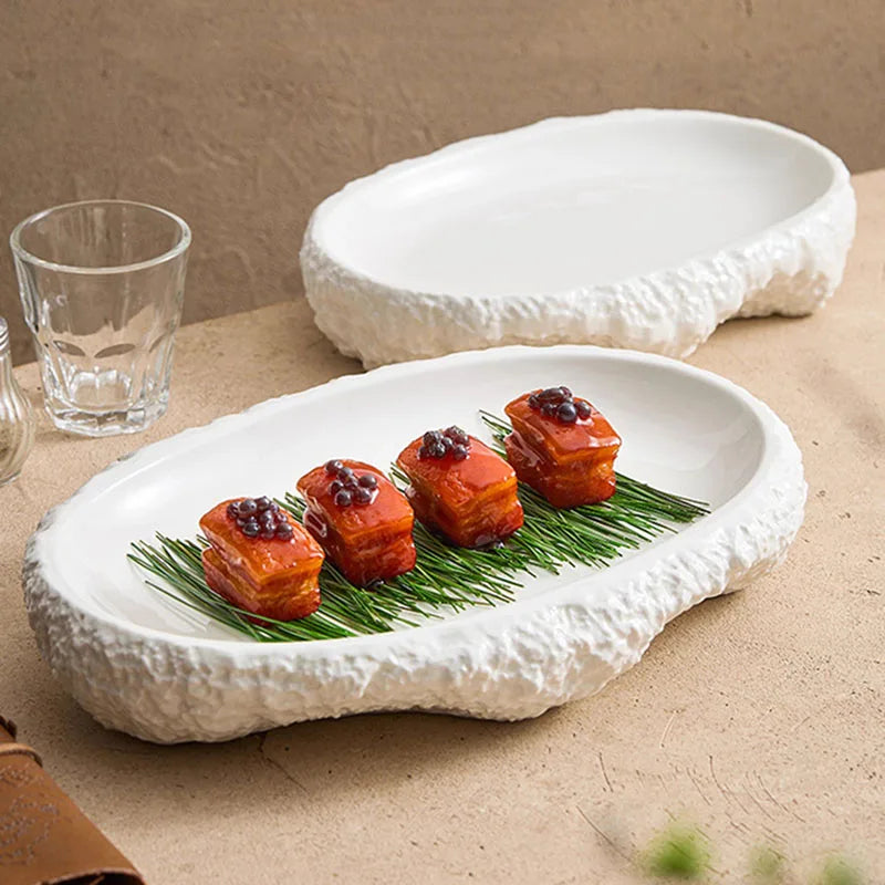 Rustic Oval Serving Dish with Stone-Inspired Texture