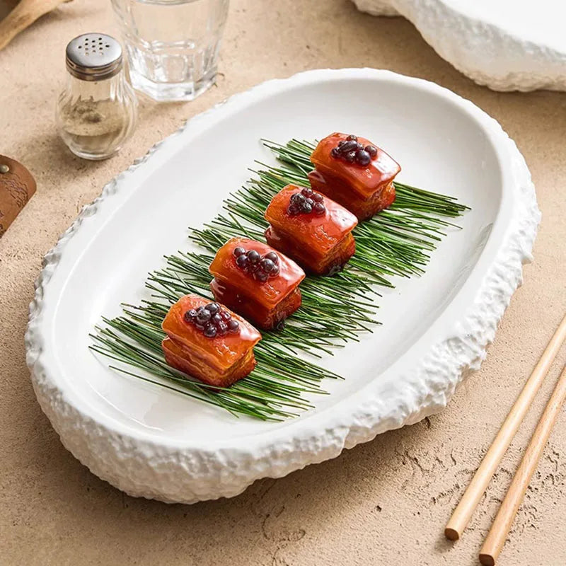 White Rustic Oval Plate with Textured Stone Edge