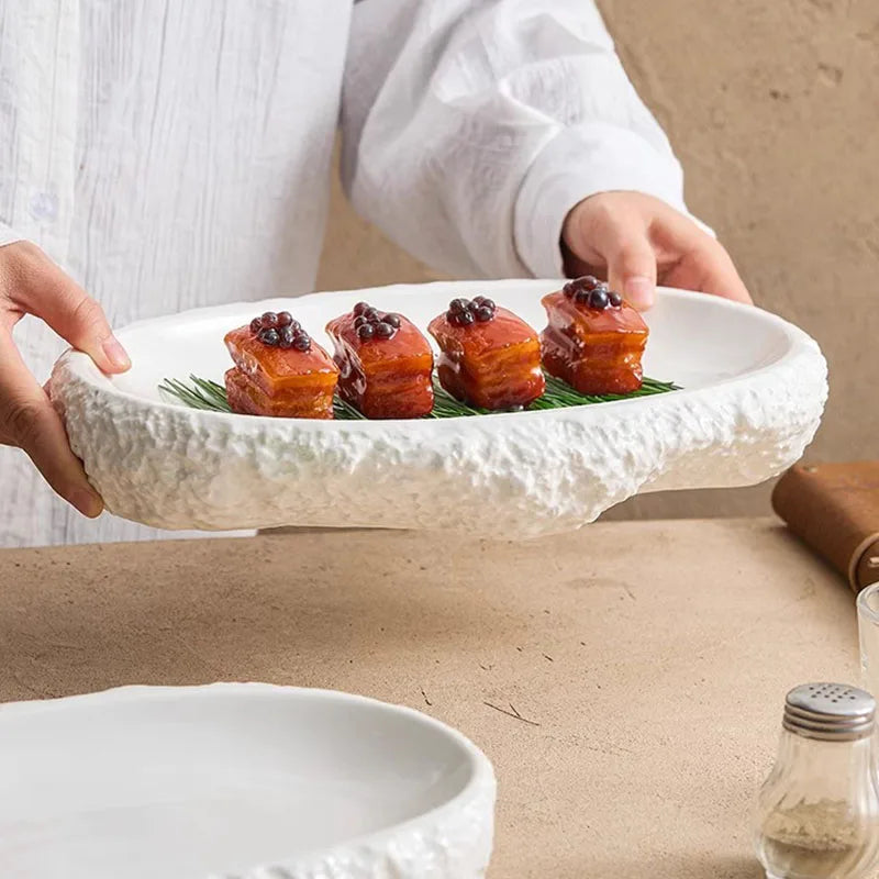 White Rustic Oval Plate with Textured Stone Edge