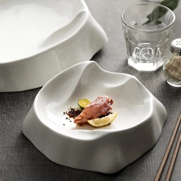 White Sculptural Ceramic Plate with Curved Rim