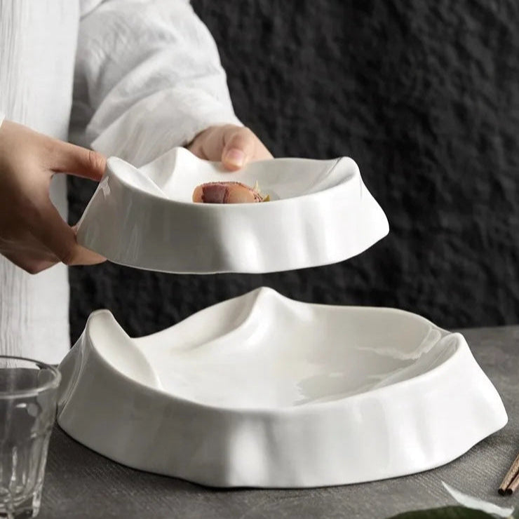 White Sculptural Ceramic Plate with Curved Rim