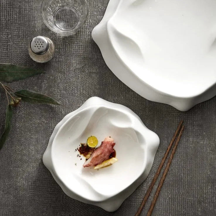 White Sculptural Ceramic Plate with Curved Rim