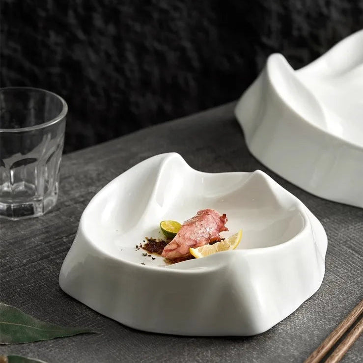 White Sculptural Ceramic Plate with Curved Rim
