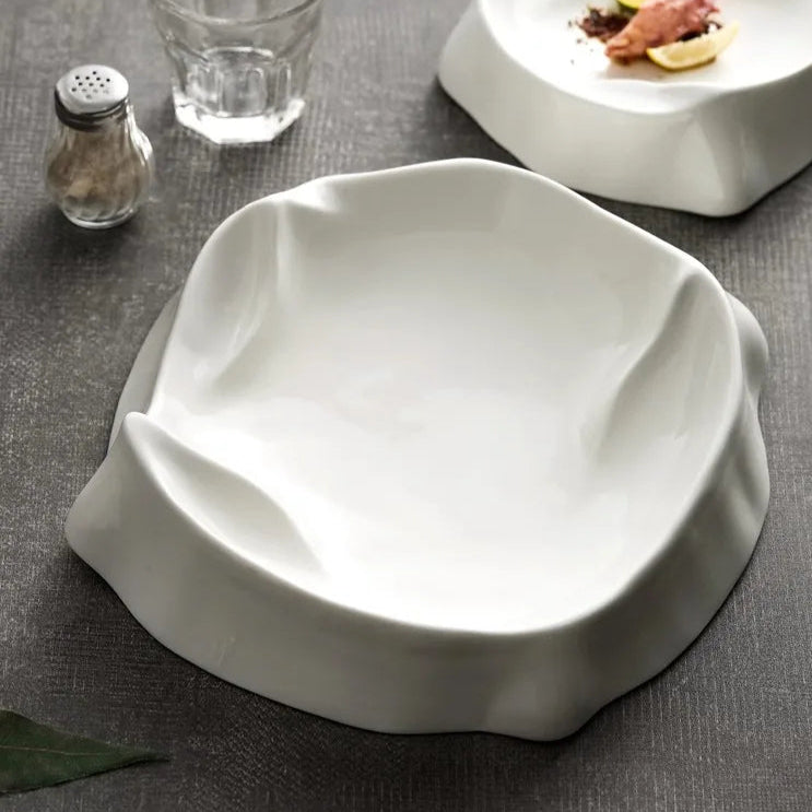 White Sculptural Ceramic Plate with Curved Rim
