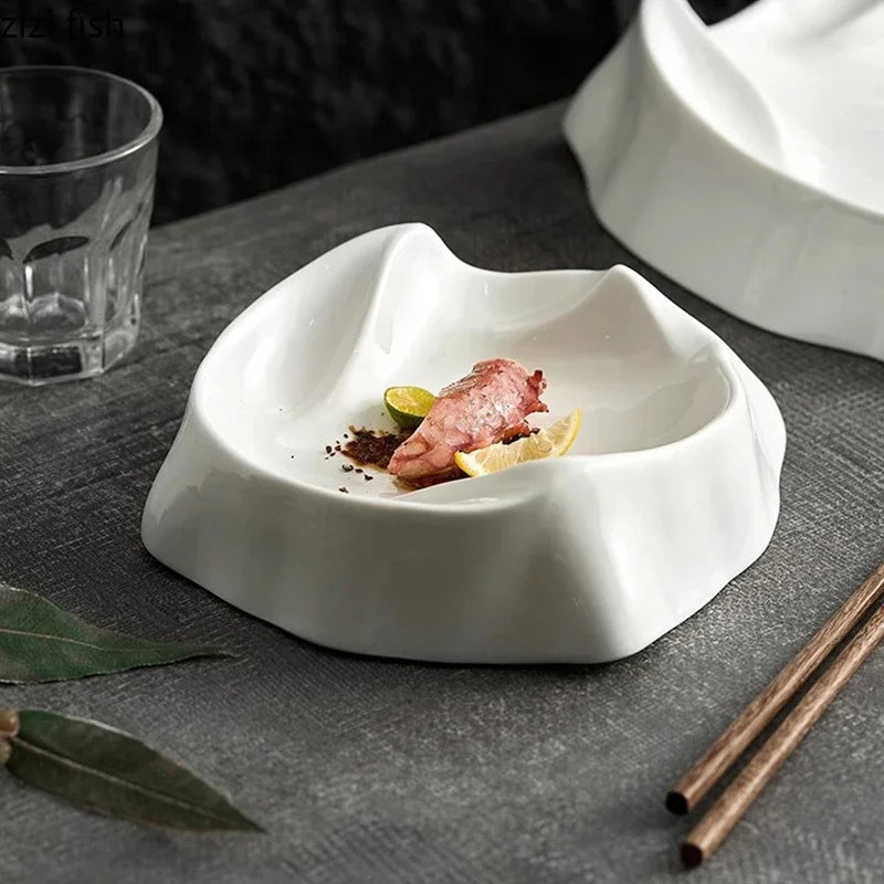 White Sculptural Ceramic Plate with Curved Rim