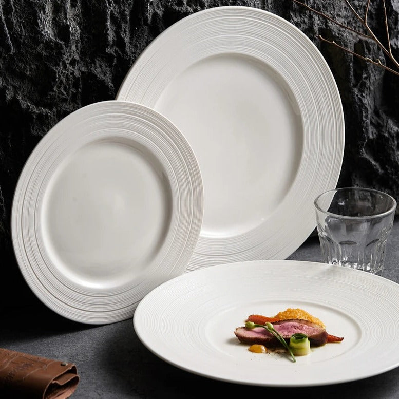 White Textured Rim Ceramic Dinner Plate