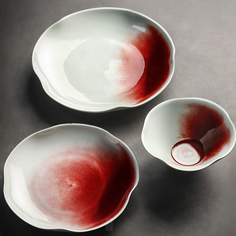 Ice Cracking Glaze Ceramics White and Red Plates