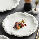 Textured edge white ceramic dinner plate featuring gourmet meat dish presentation, ideal for Michelin-star restaurant settings and luxury dining experiences