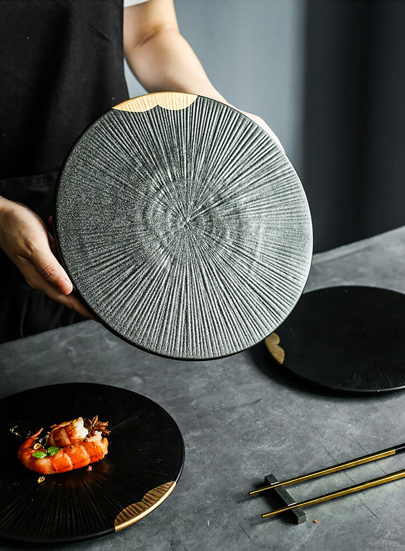 Black and Gold Plated Flat Plate Japanese Sushi Sashimi