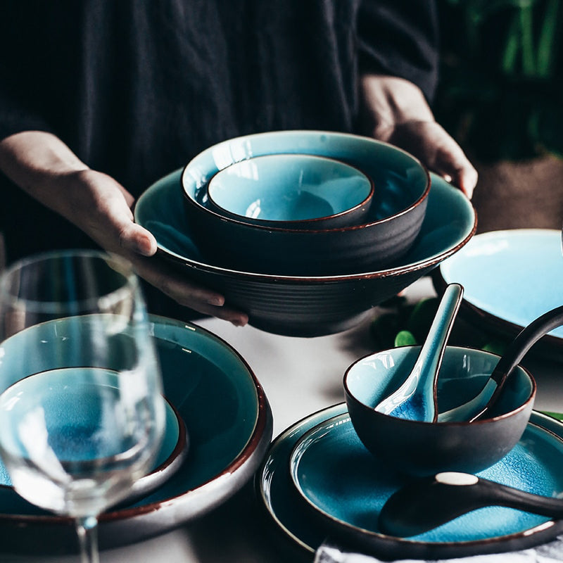 Ice Cracking Glaze Blue Ceramic Plates