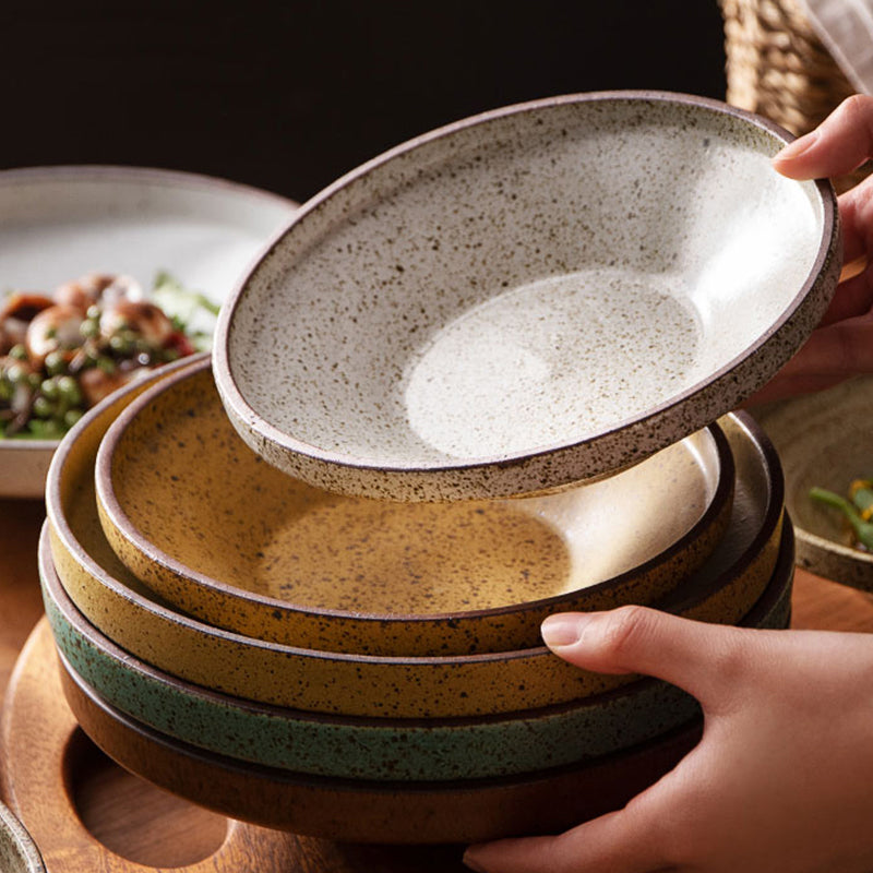 Retro Shallow Ceramic Plate for Dessert Salad and Soup